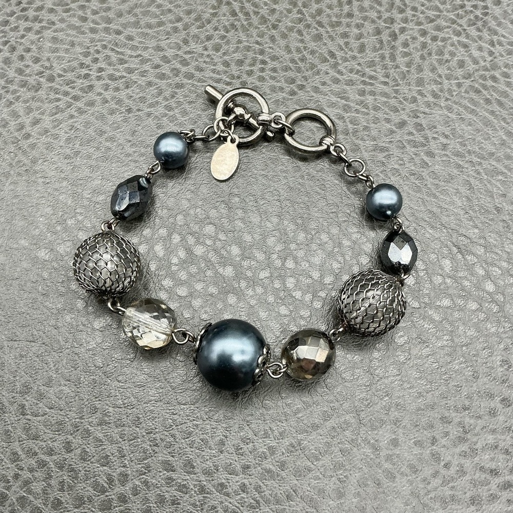 Cookie Lee Bracelet Silver Tone Gray Beaded Womens 8 Inch Toggle Clasp Jewelry